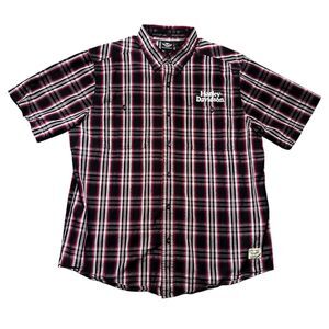 Harley Davidson Plaid Button Up Shirt Men XL Red Black Short Sleeve Skull Logo